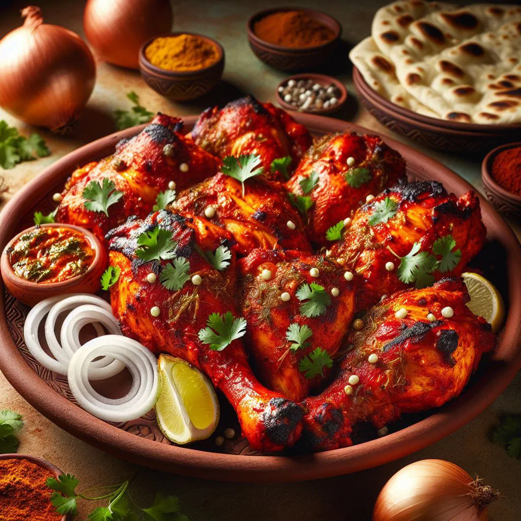 Grilled tandoori chicken with its signature red colour and fresh coriander