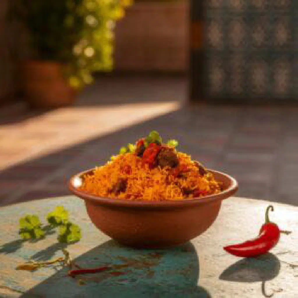 A bowl of fragrant tehri spiced rice garnished with fresh coriander