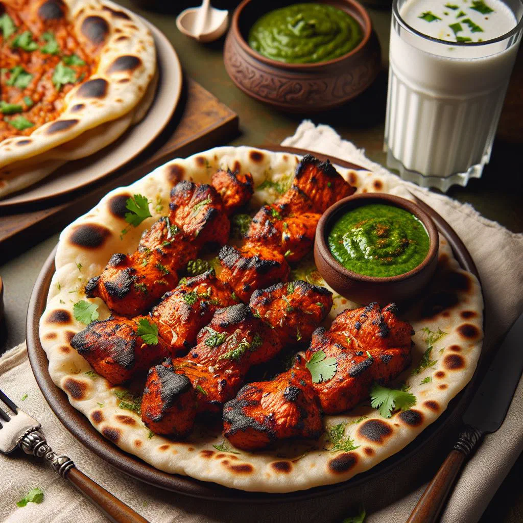 Grilled tikka boti chunks garnished with fresh coriander