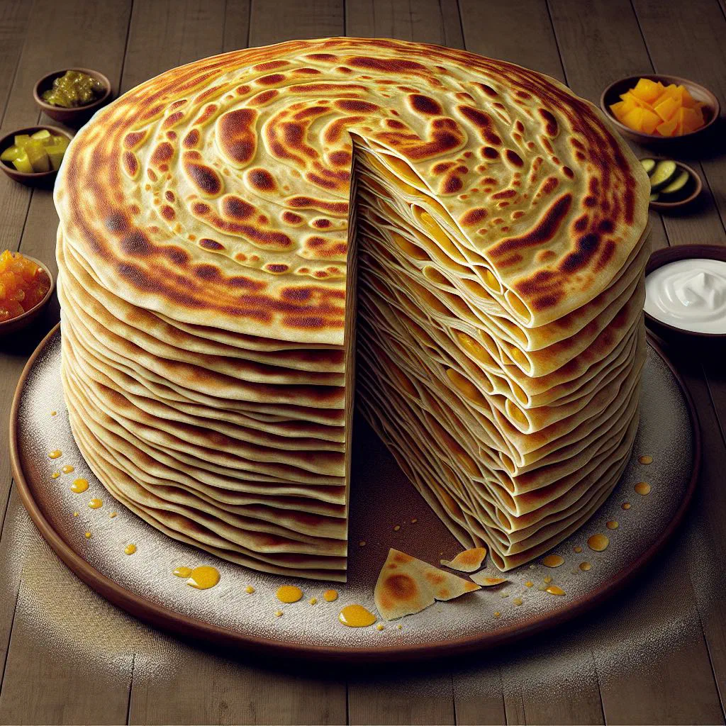 Flaky layered warqi paratha stacked on a plate