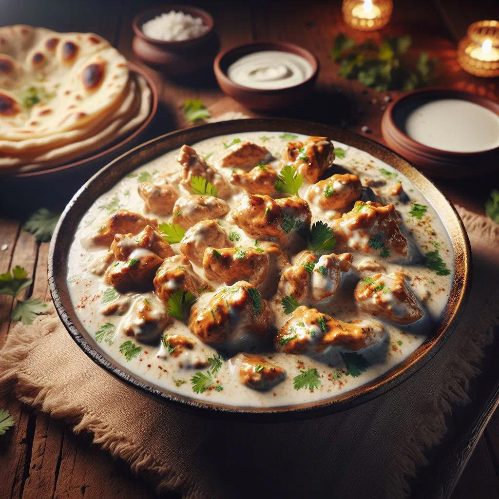 Creamy white karahi with tender chicken garnished with fresh coriander