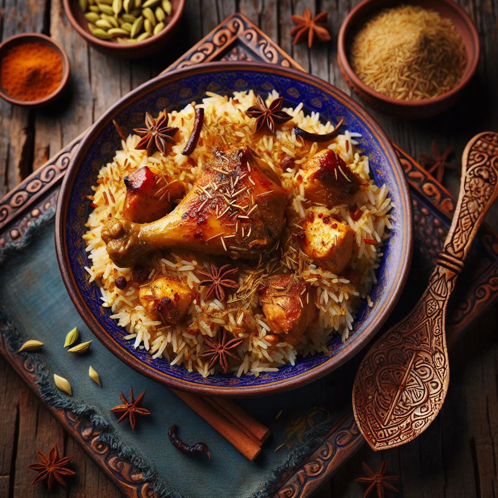 Fragrant yakhni pulao with tender chicken and fresh herbs in a bowl