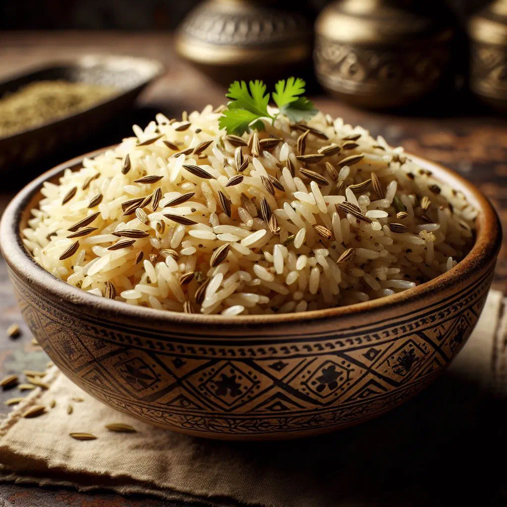 A bowl of fragrant zeera rice garnished with fresh coriander
