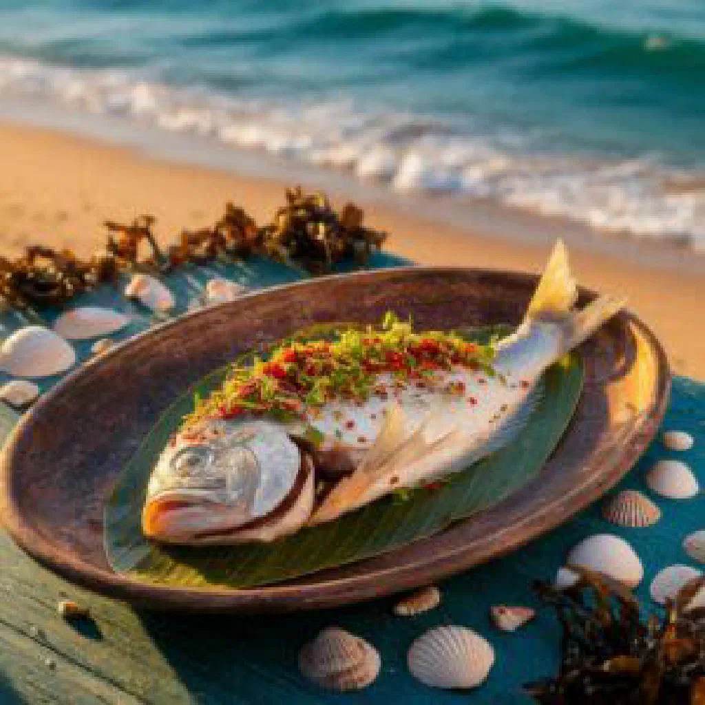 Whole baked reef fish with lemon and fresh herbs on a platter
