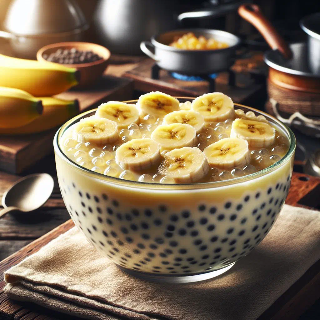 Bowl of creamy banana tapioca pudding topped with fresh fruit