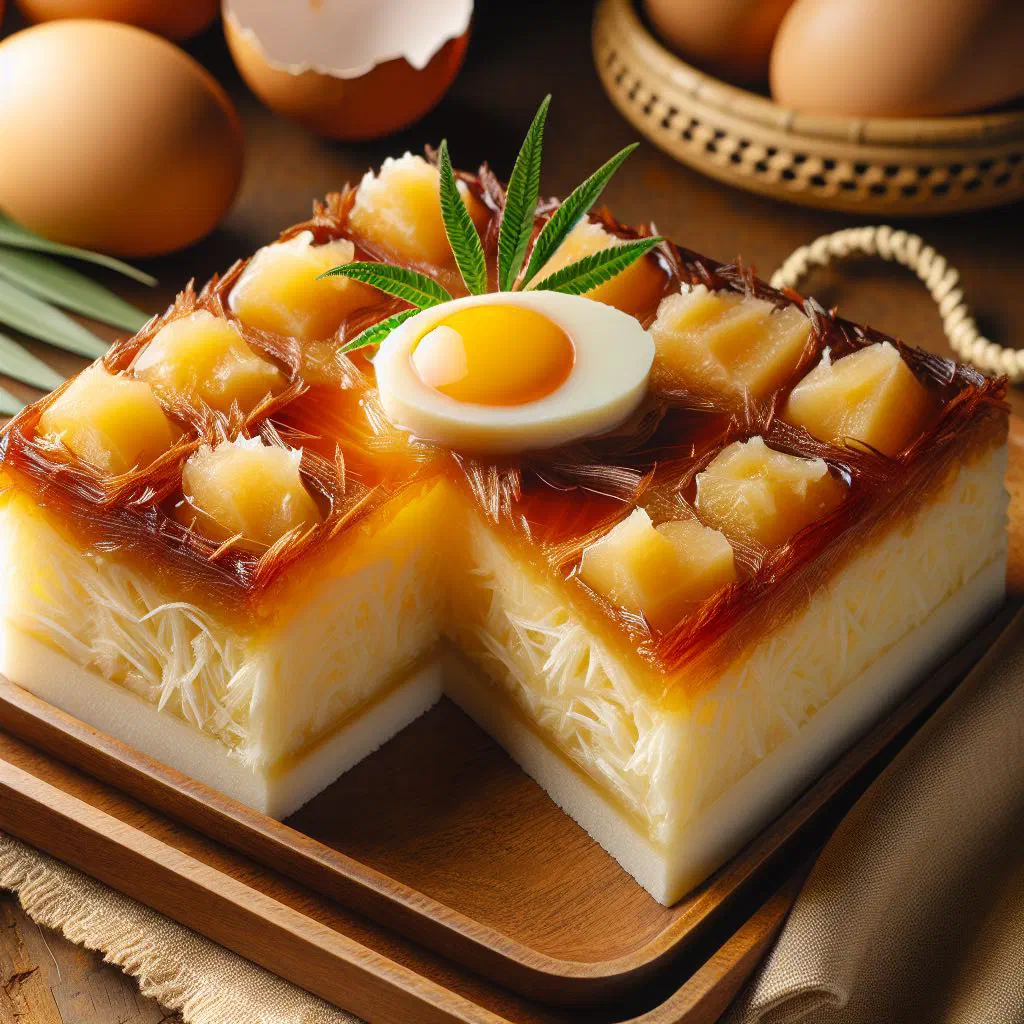 Golden-baked cassava cake sliced on a plate with tropical fruit