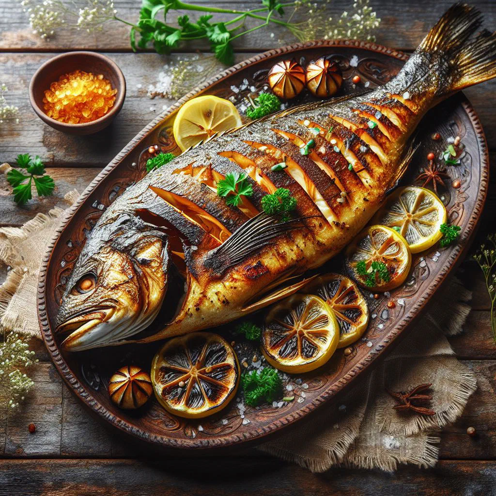 Charbroiled fish fillets garnished with fresh herbs and lime wedges