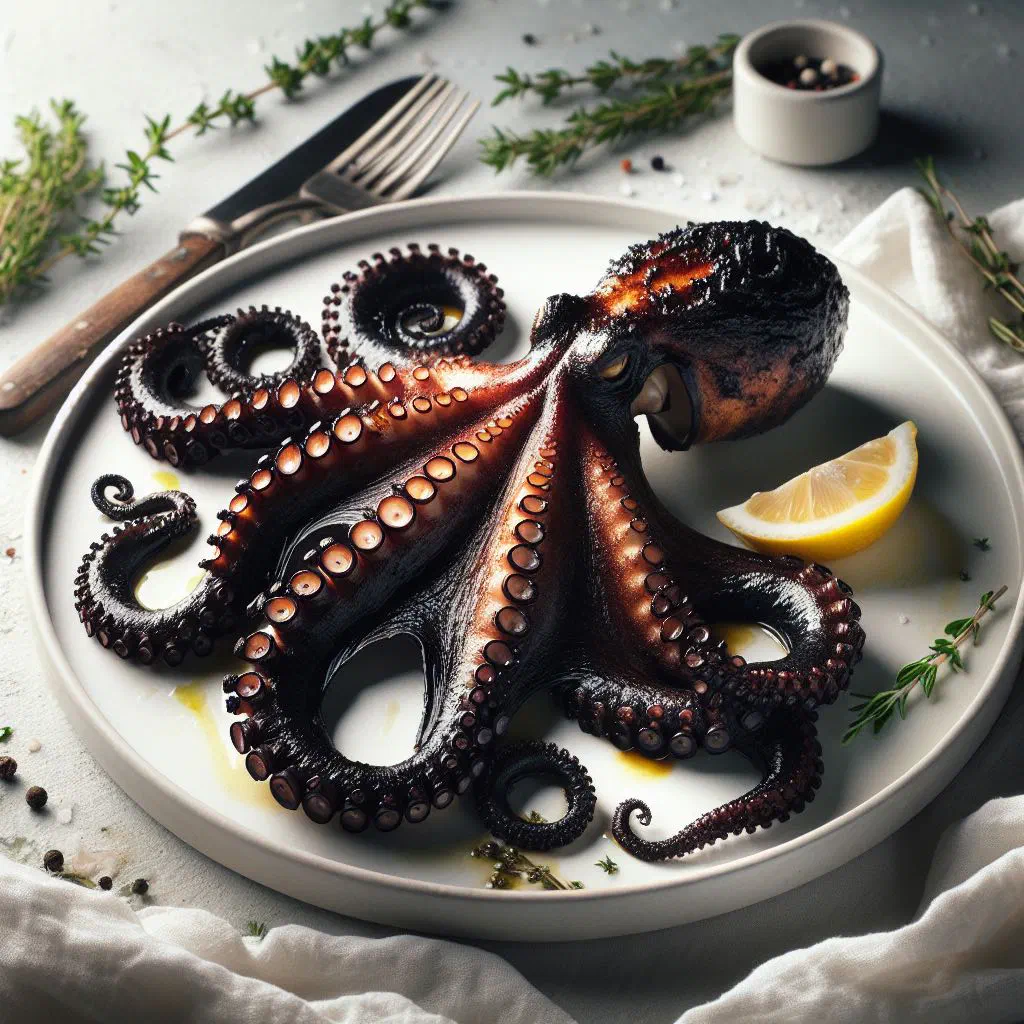 Charred octopus tentacles garnished with parsley and lemon