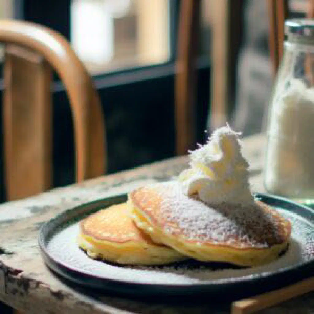 A stack of golden coconut pancakes topped with fresh tropical fruit