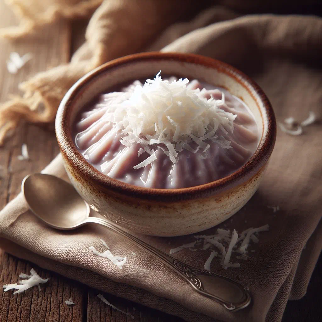 Creamy coconut taro pudding in a glass topped with fresh tropical fruit