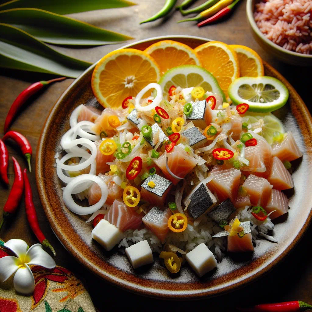 Fish kelaguen with lime, onion and grated coconut garnished with coriander