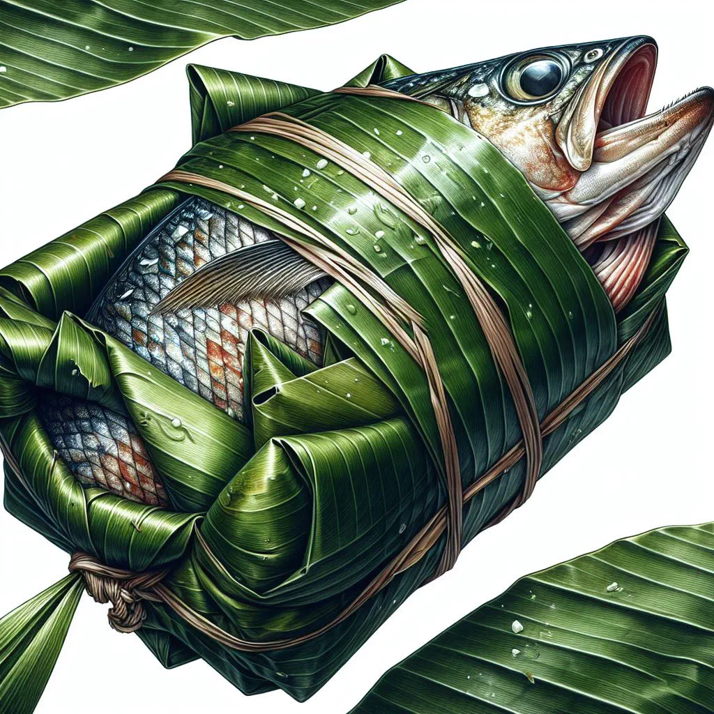 Marinated fish parcels steamed in green banana leaves, garnished with fresh herbs and lime