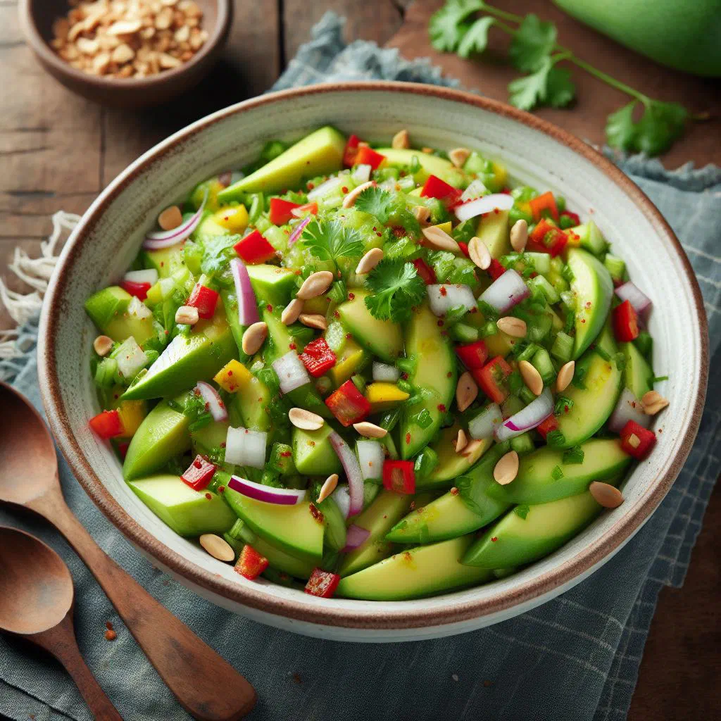 Green mango salad with red onion, peppers and fresh coriander