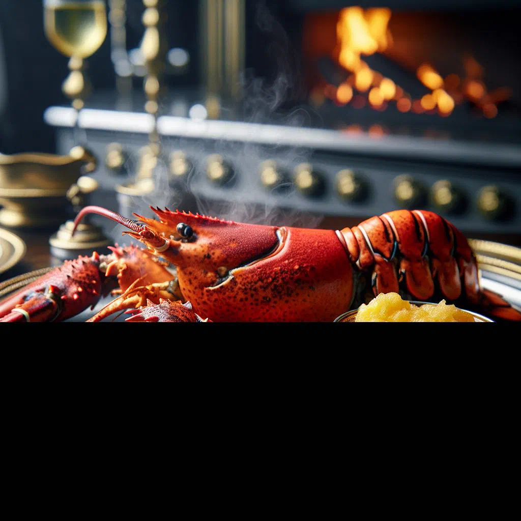 Grilled lobster halves brushed with garlic butter and garnished with parsley and lemon