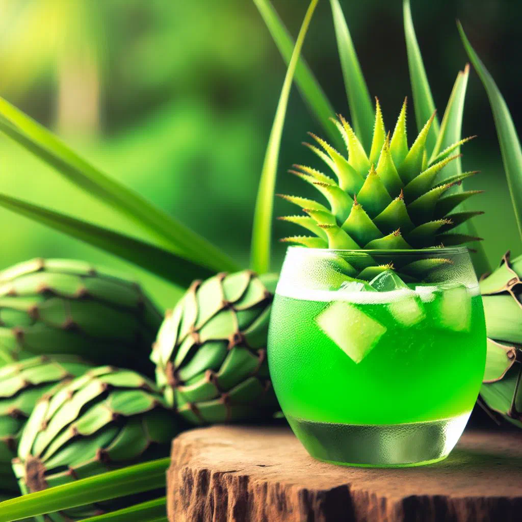 A chilled glass of pandanus fruit drink garnished with fresh fruit