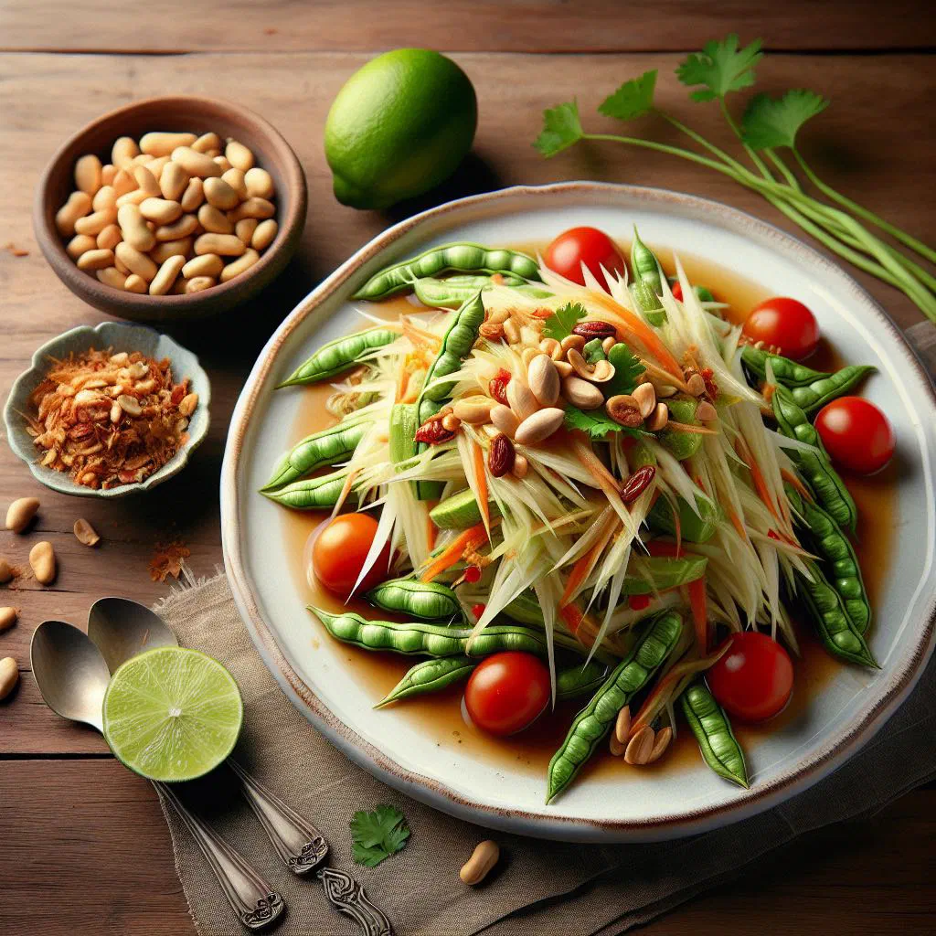 Fresh green papaya salad with shredded carrot, coriander and peanuts