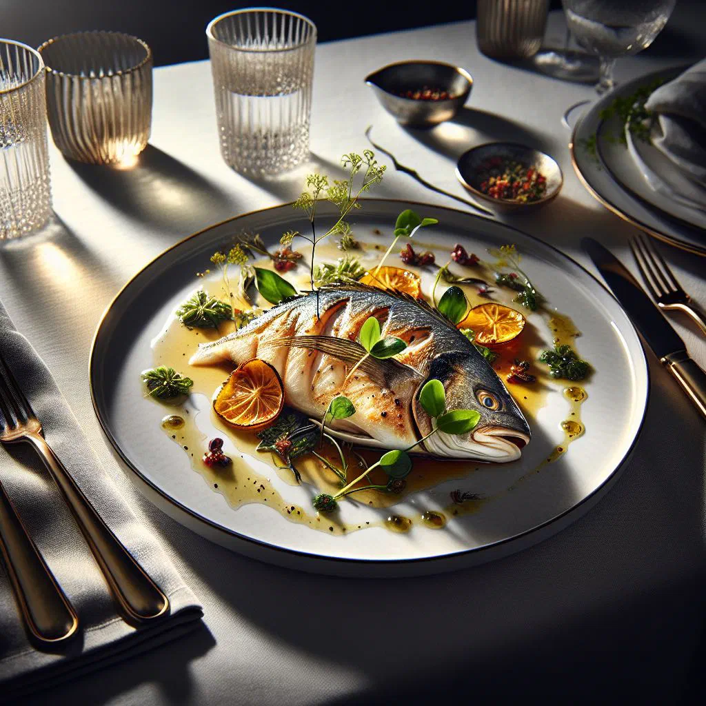 Poached reef fish fillets in a fragrant broth garnished with fresh herbs and lime