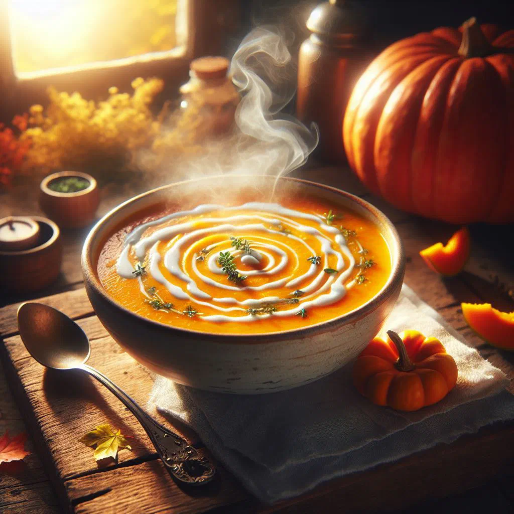 Creamy pumpkin coconut soup garnished with fresh herbs