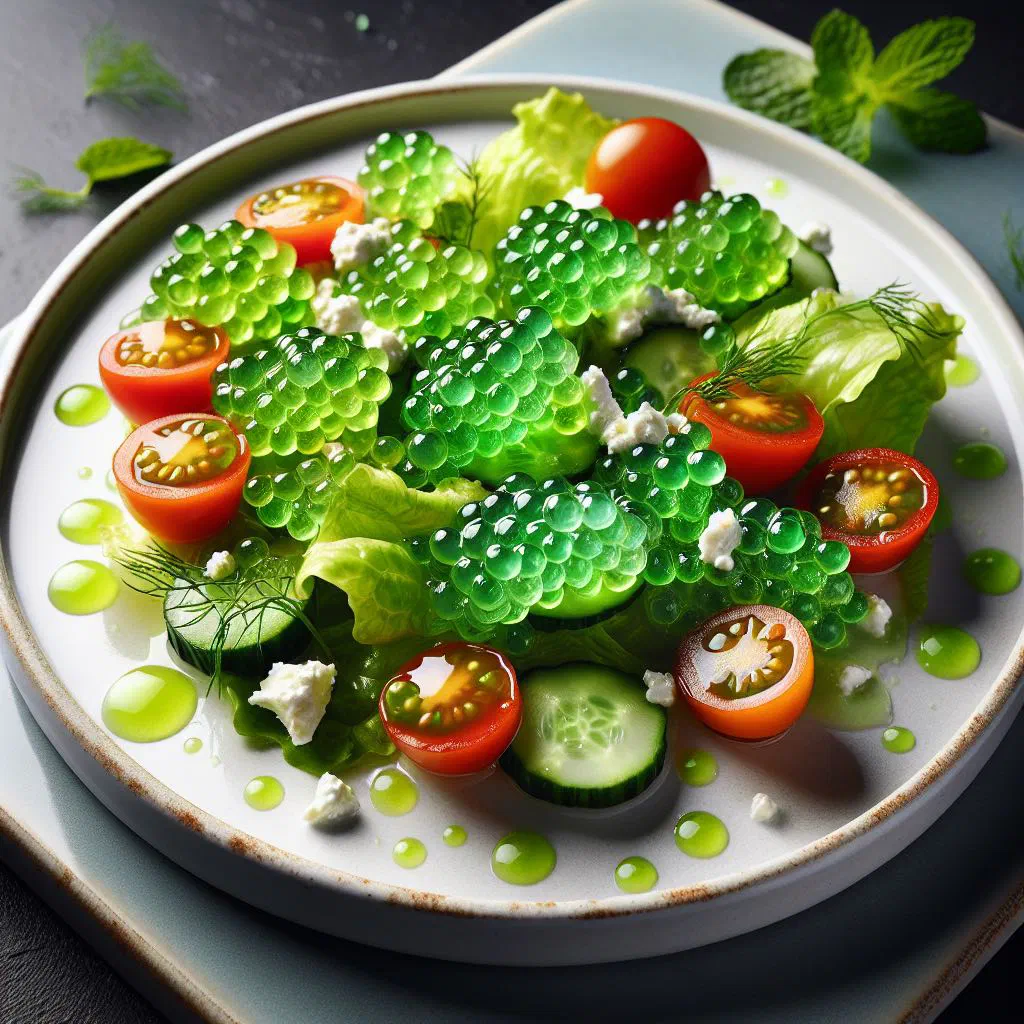 Sea grapes salad with cucumber, carrot and coriander in a bowl