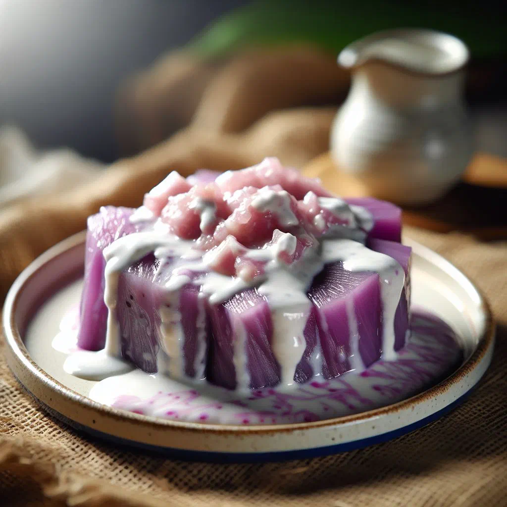 Steamed taro pieces topped with creamy coconut sauce on a plate