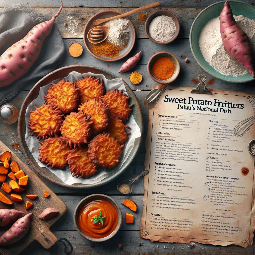 Golden, crispy sweet potato fritters piled on a plate