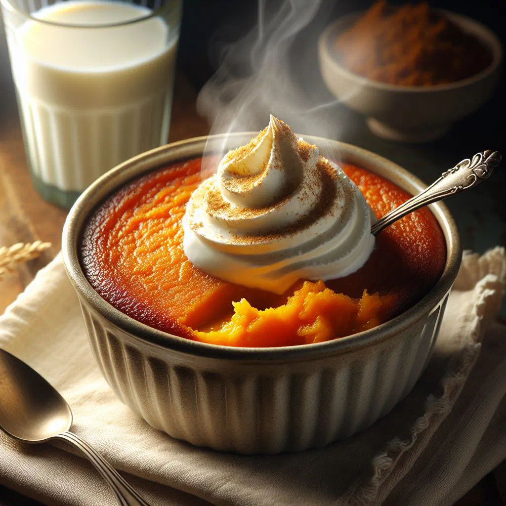 Baked Palauan sweet potato pudding garnished with fresh fruit and mint