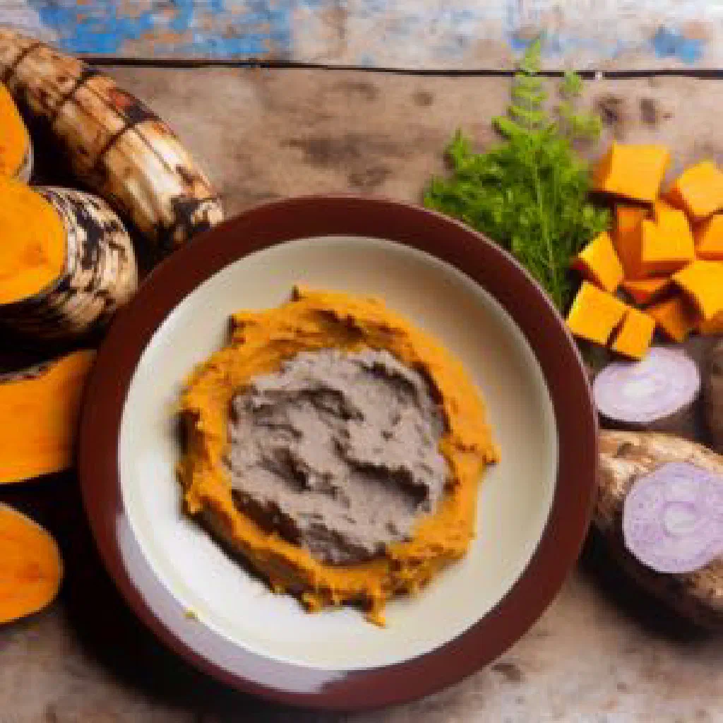 Creamy taro and pumpkin mash garnished with fresh herbs
