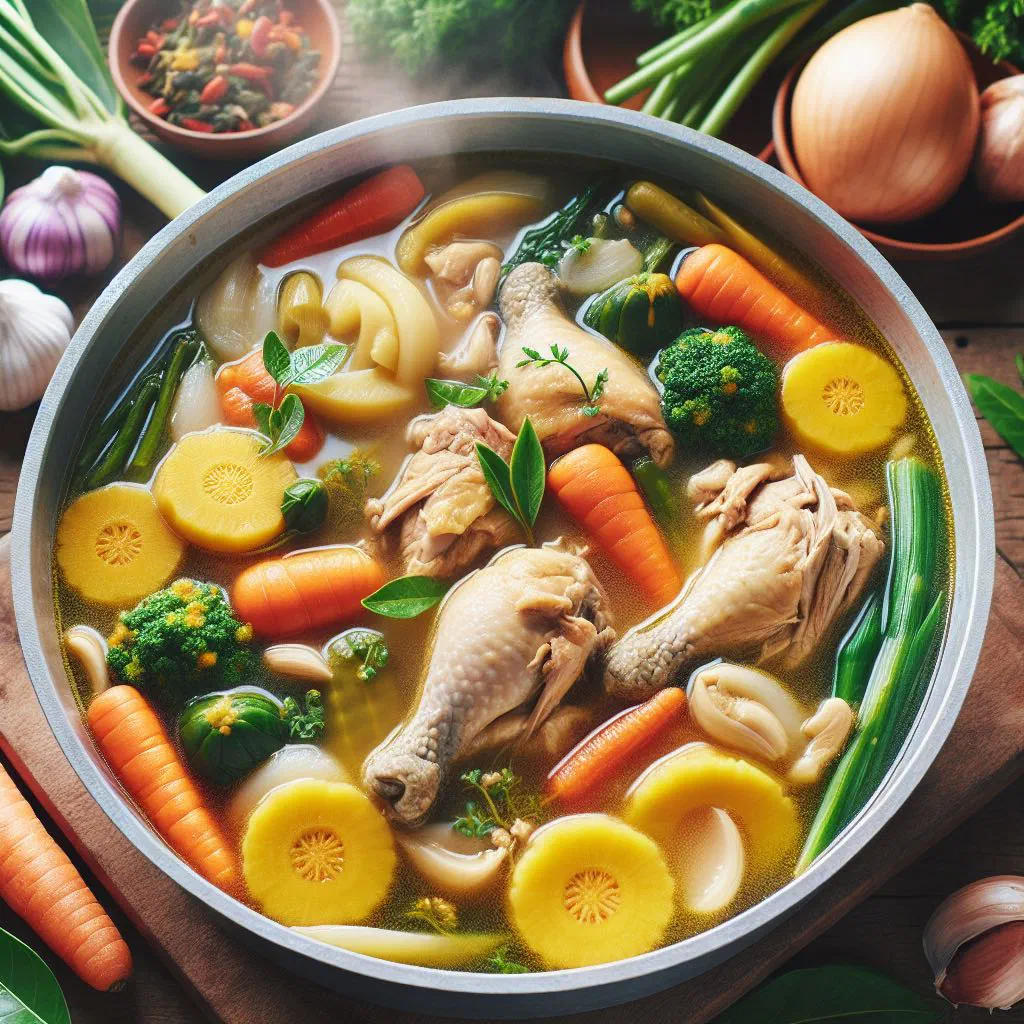 A steaming bowl of Tinola chicken stew with green papaya and spinach