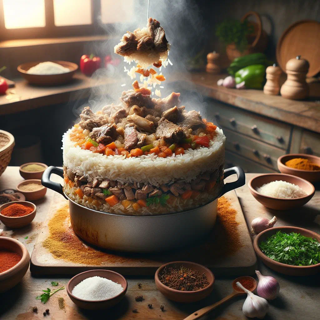 Upturned maqluba of spiced rice, aubergine and meat on a serving platter