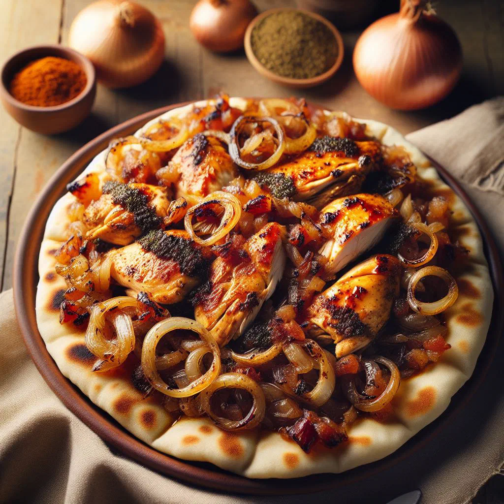 Musakhan with roasted chicken, sumac onions and pine nuts on flatbread