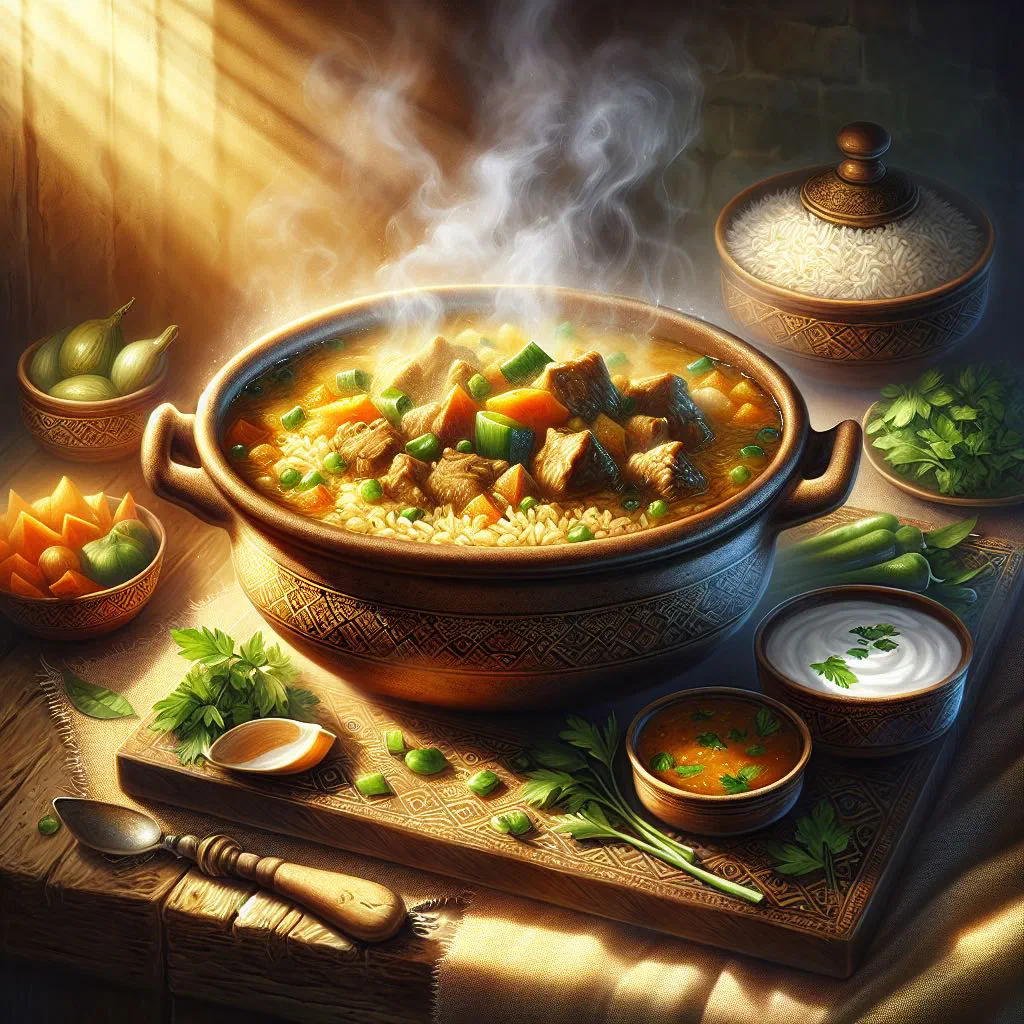 Fragrant Qidra rice with spiced lamb served in a clay pot