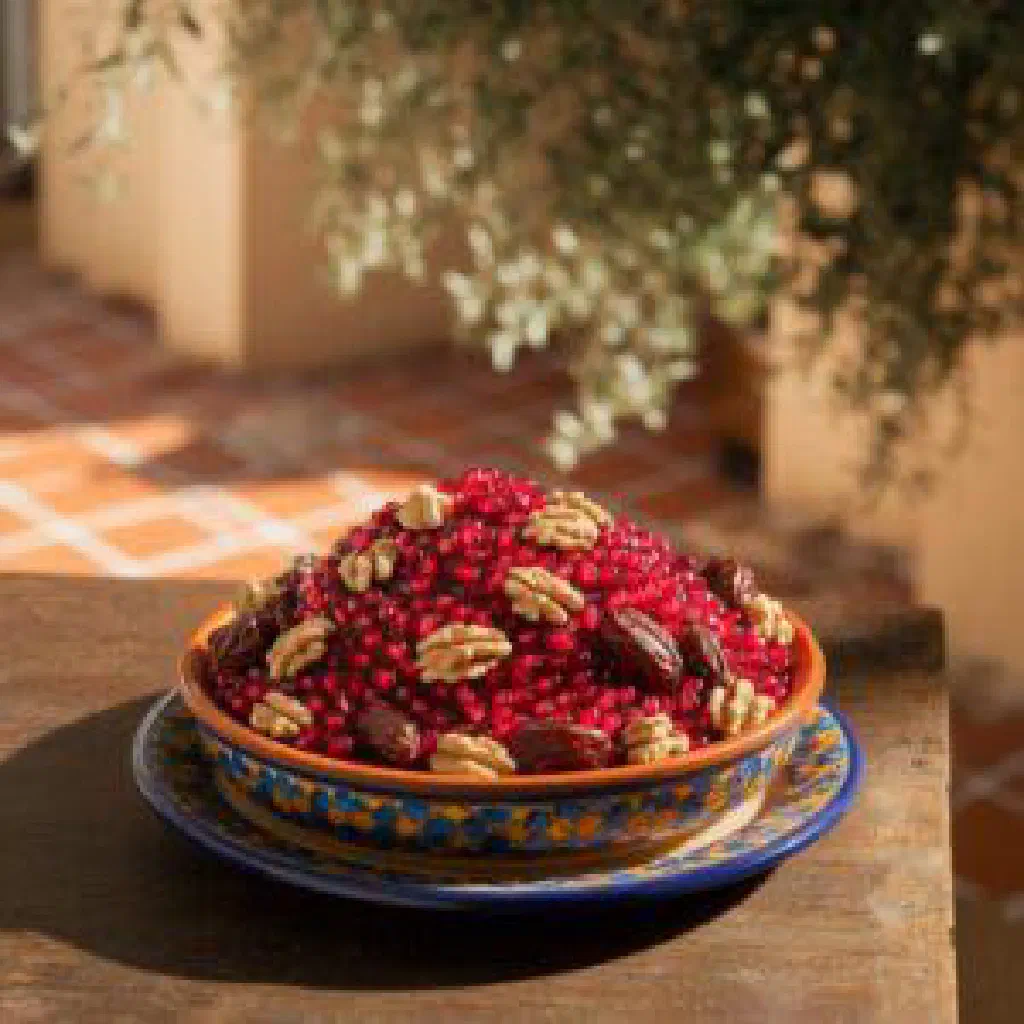 Rummaniyya chicken simmered with pomegranate and spices, garnished with fresh seeds