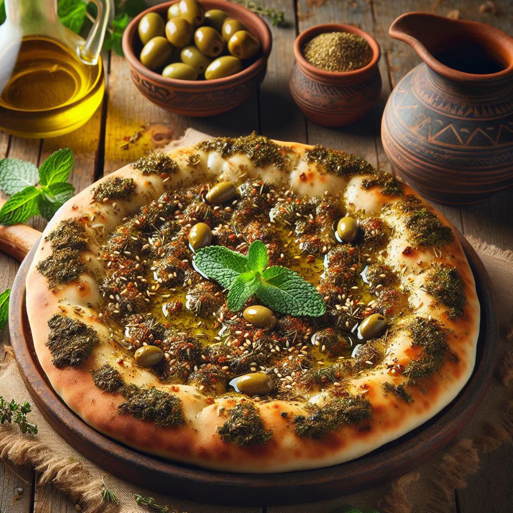 Freshly baked za'atar manaqish flatbreads brushed with herb and olive oil topping