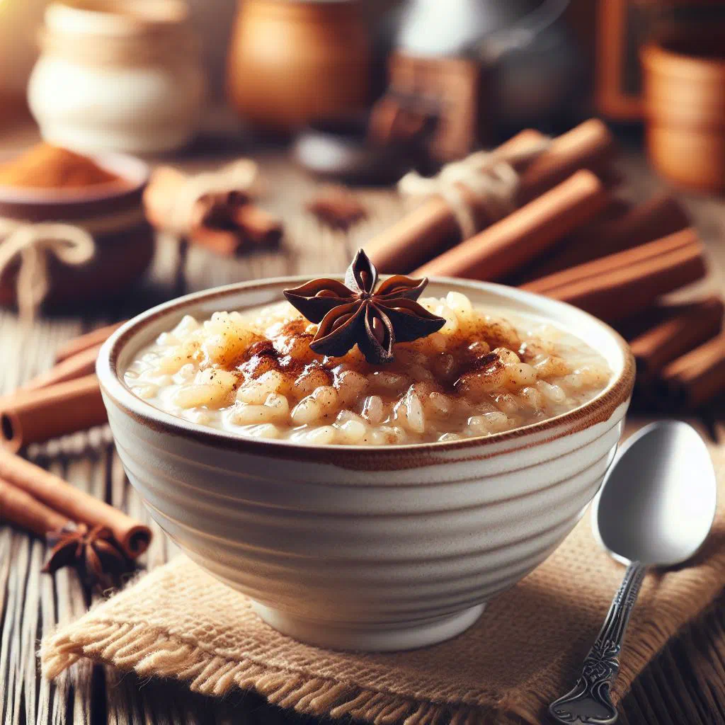 A bowl of creamy sweet coconut rice dusted with cinnamon