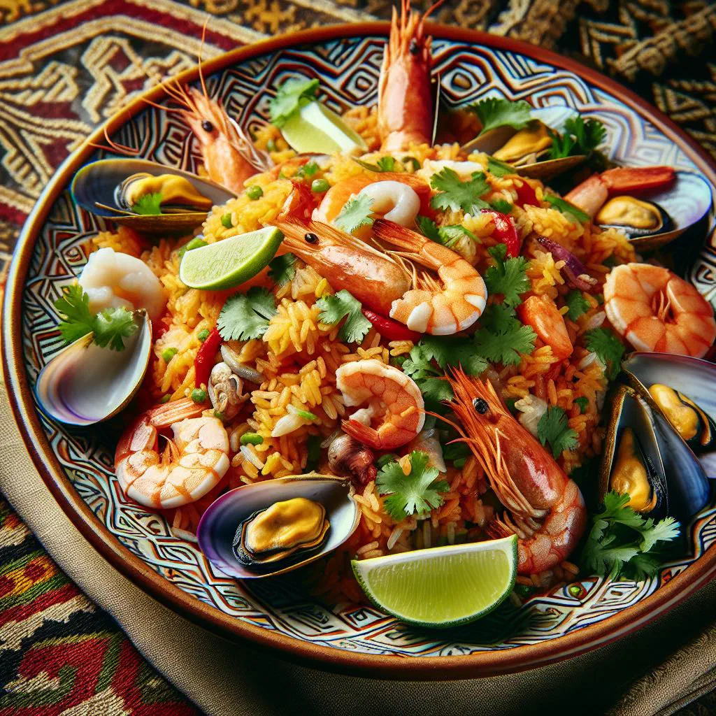 Panamanian arroz con mariscos with prawns, mussels and squid over rice