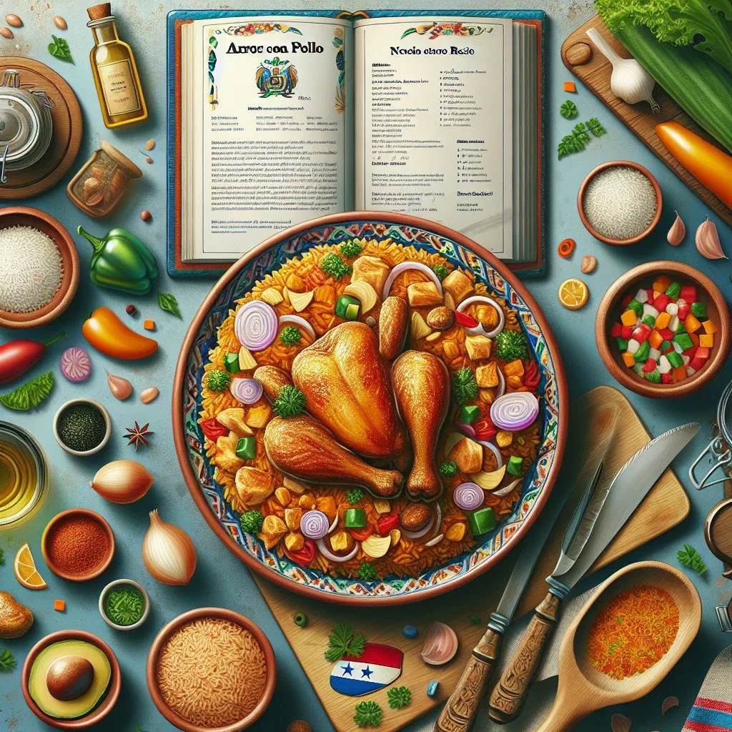 Panamanian arroz con pollo with chicken, colourful vegetables and rice