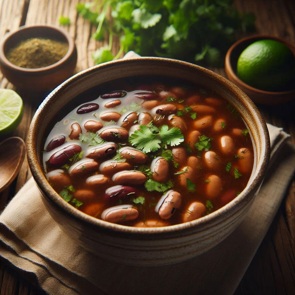 Panamanian black bean soup garnished with fresh coriander and lime