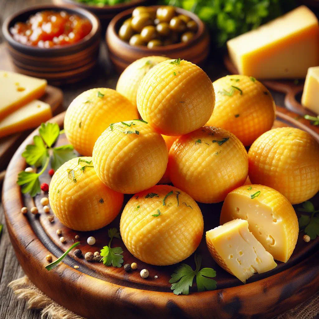 Golden fried Panamanian cheese balls served on a wooden board