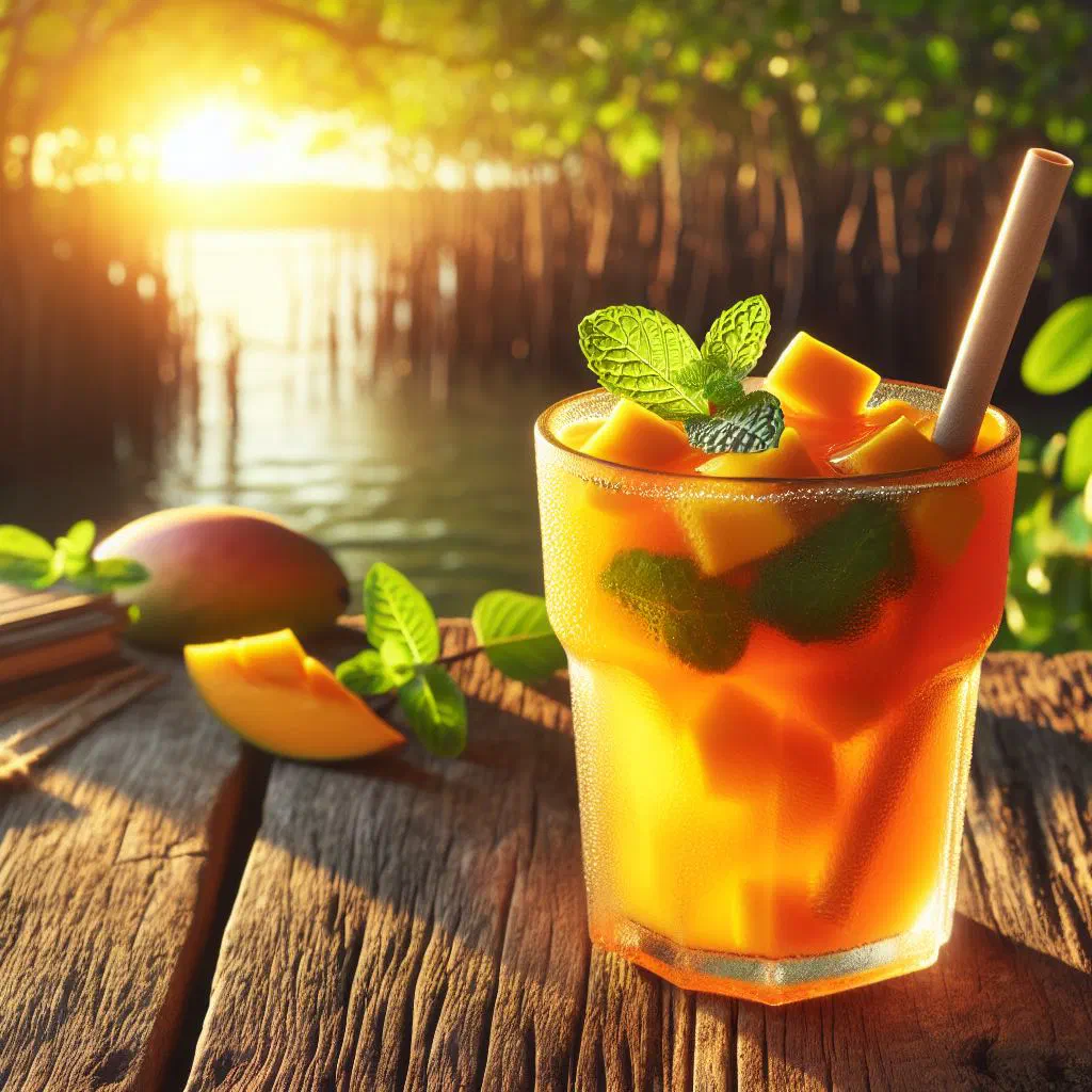 A glass of bright yellow mango chicha garnished with fresh mango and mint