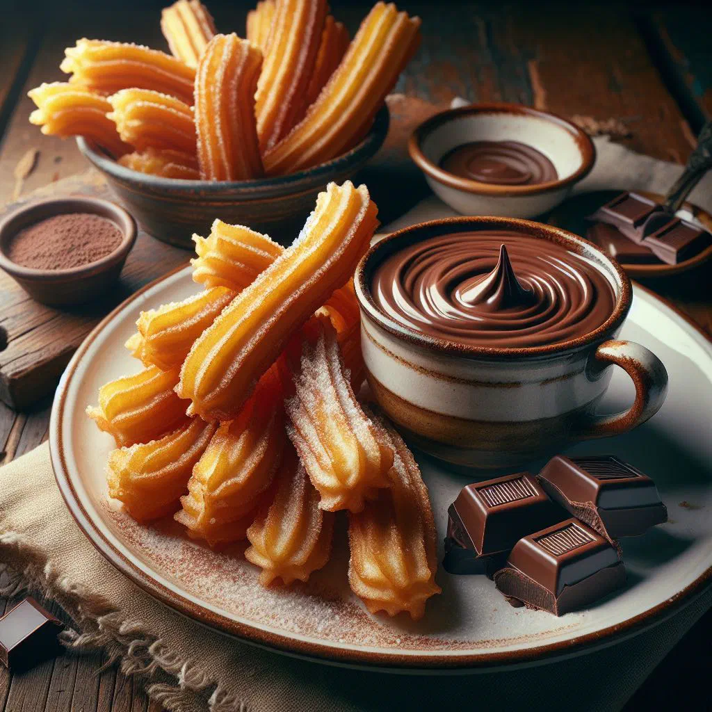 Crispy sugar-dusted churros served with a bowl of dark chocolate dipping sauce