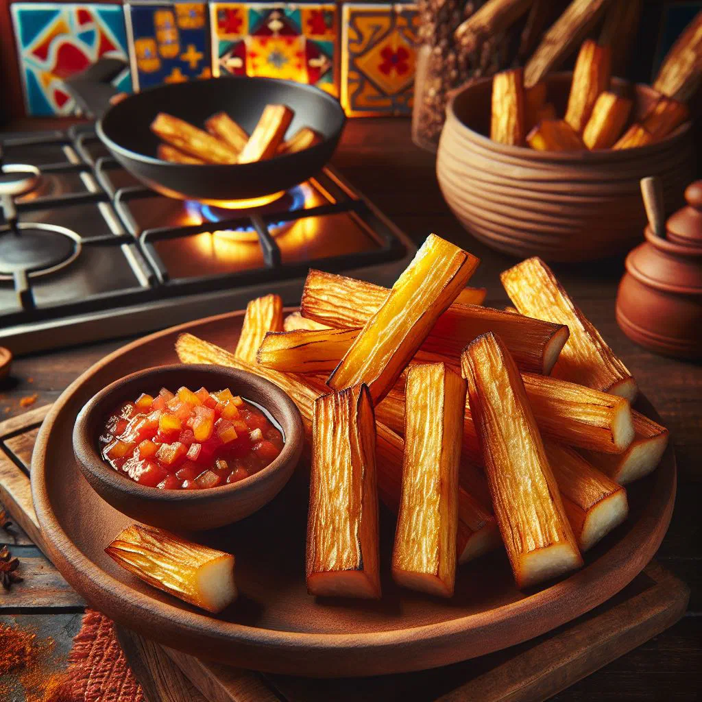 Golden fried yuca sticks served with a wedge of lime