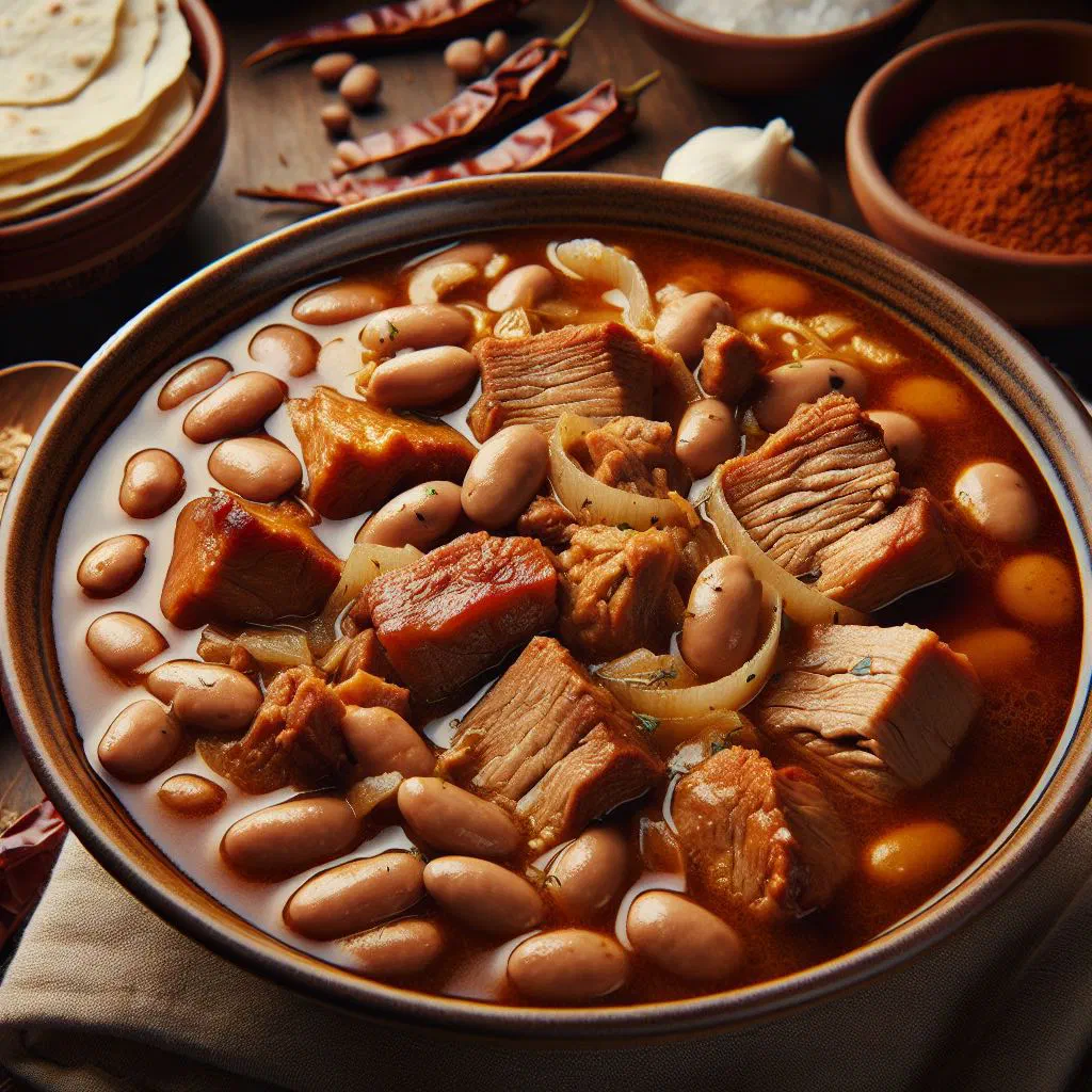 Bowl of frijoles con puerco with tender beans, pork and fresh coriander