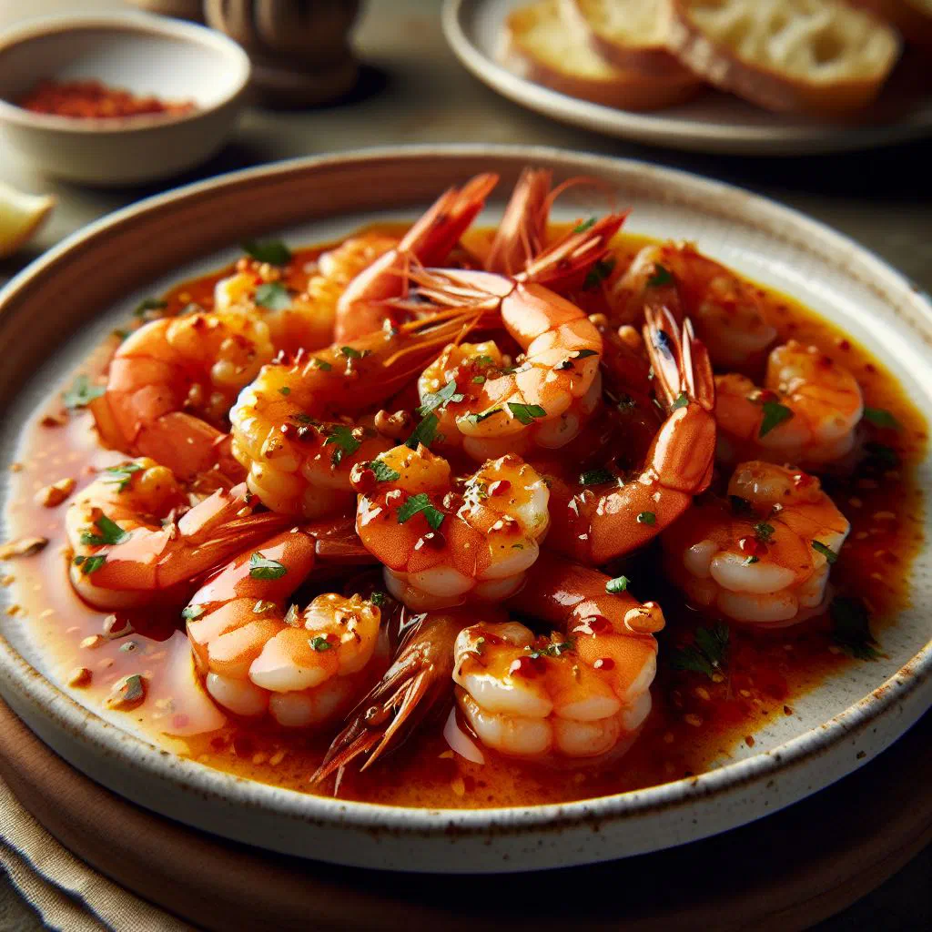 Panamanian garlic prawns in olive oil, garnished with parsley and lime