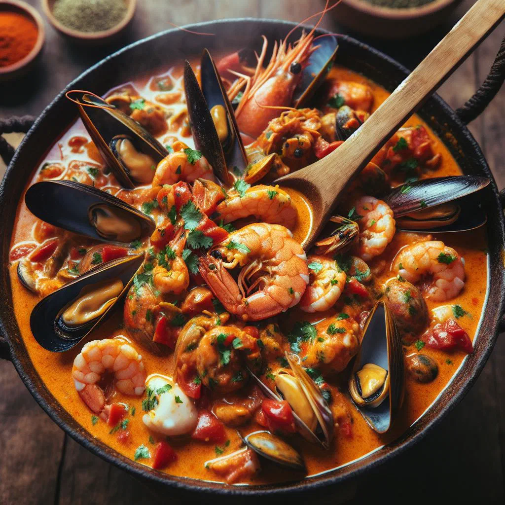 Bowl of Guacho de Mariscos with prawns, squid and soupy rice garnished with fresh coriander