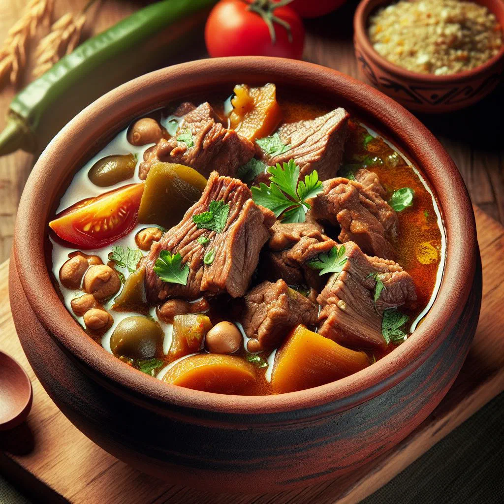 Bowl of Panamanian guacho de rabito, a soupy rice stew with beef and vegetables