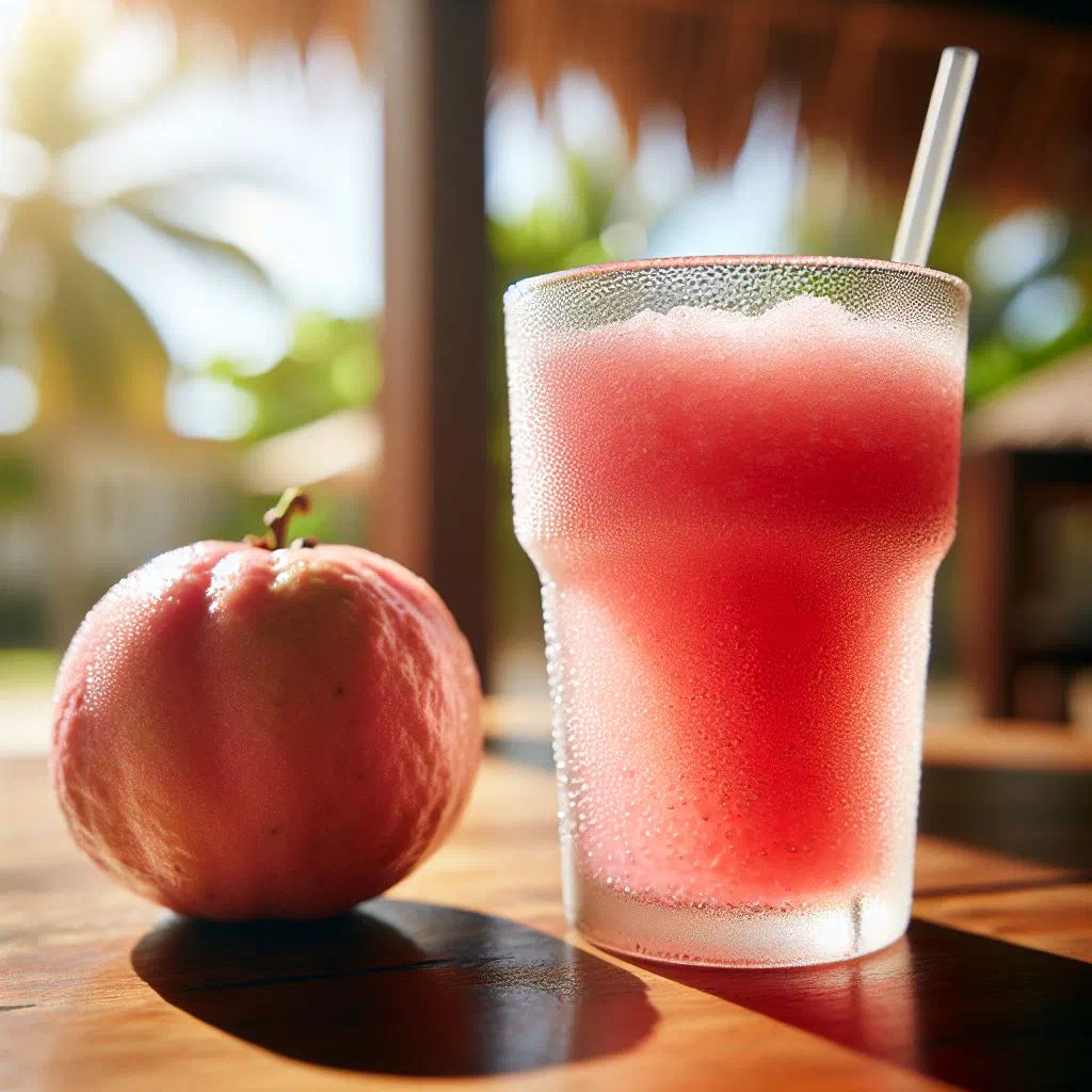 A glass of fresh guava juice garnished with lime and mint