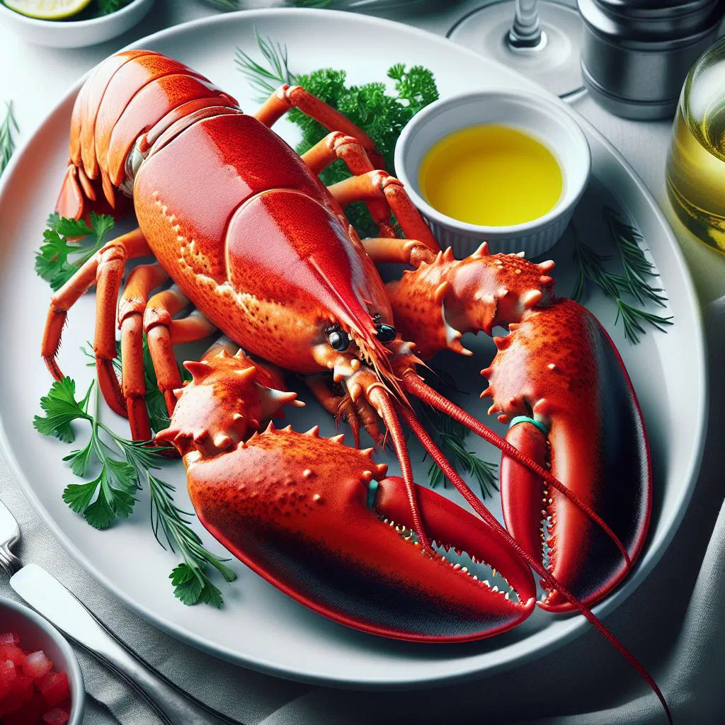 Steamed lobster garnished with coriander and lime wedges on a platter