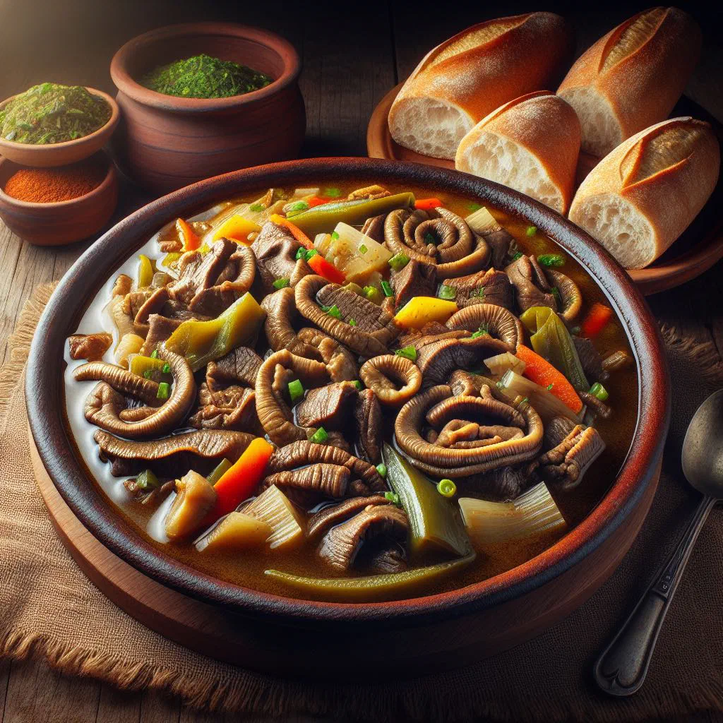 Bowl of Panamanian mondongo a la culona tripe stew with carrots and peppers