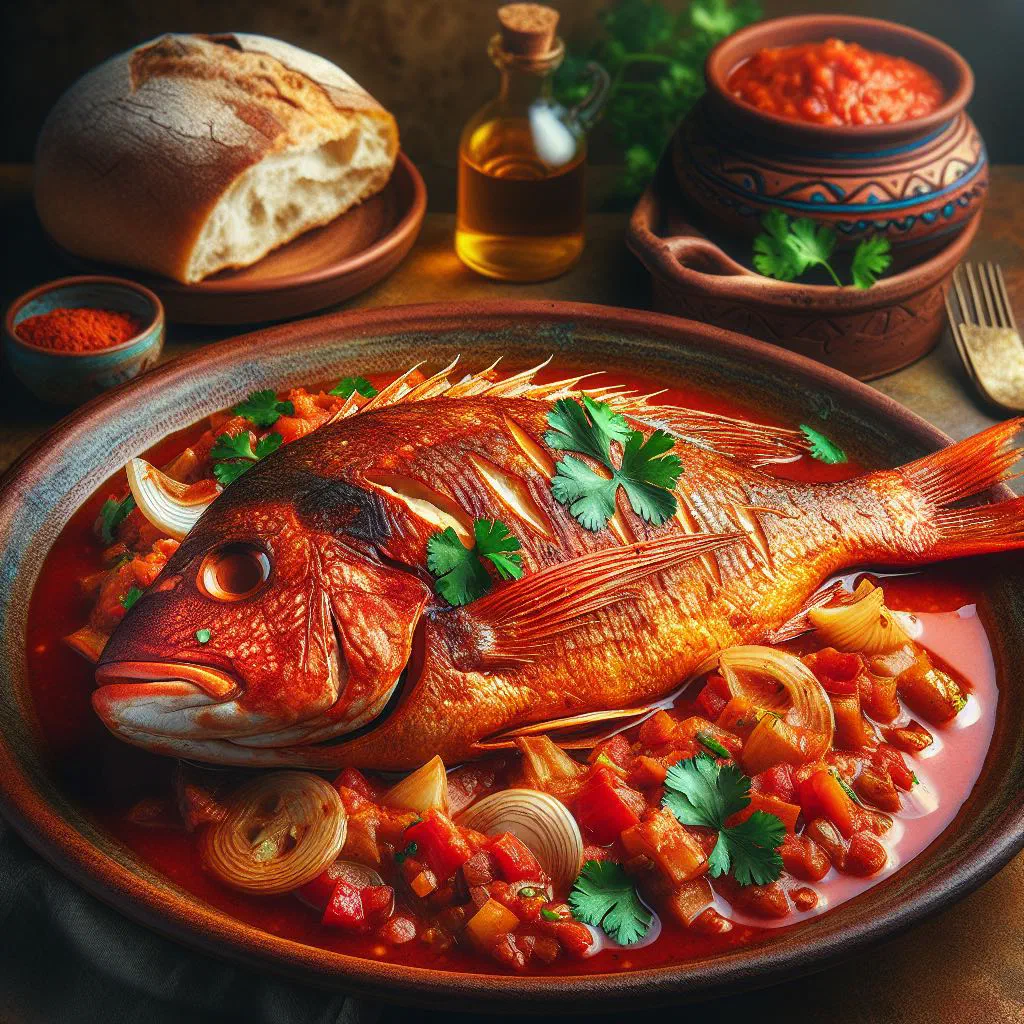 Red snapper fillets simmered in a tomato salsa with peppers and fresh parsley