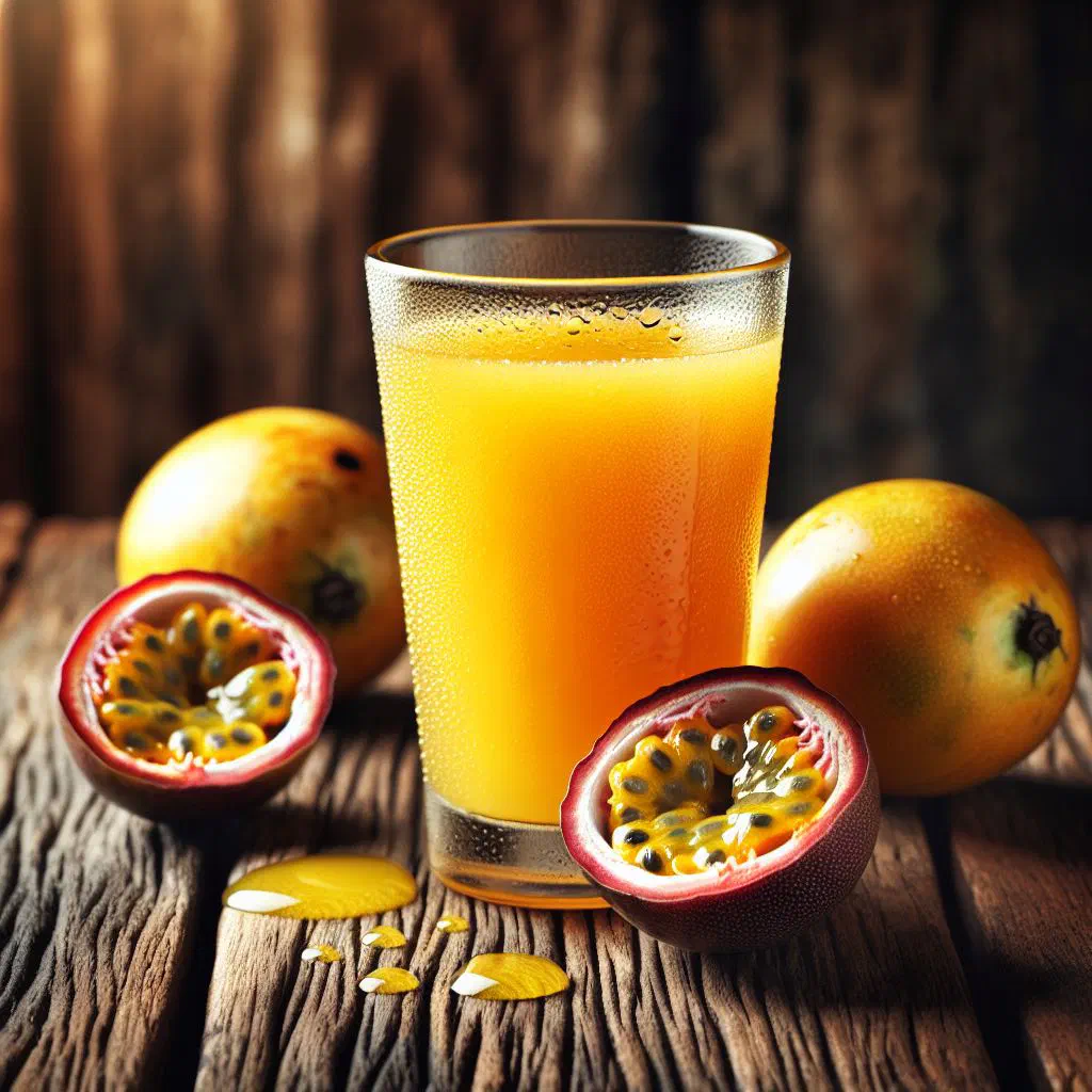 A glass of golden passion fruit juice with ice and fresh mint